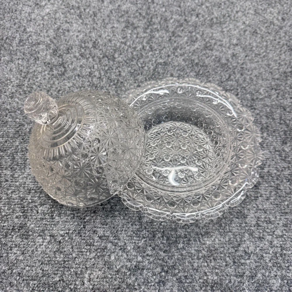 Vintage Glass Butter Dish Round Clear Daisy Button Pattern Domed Lid Farmhouse
